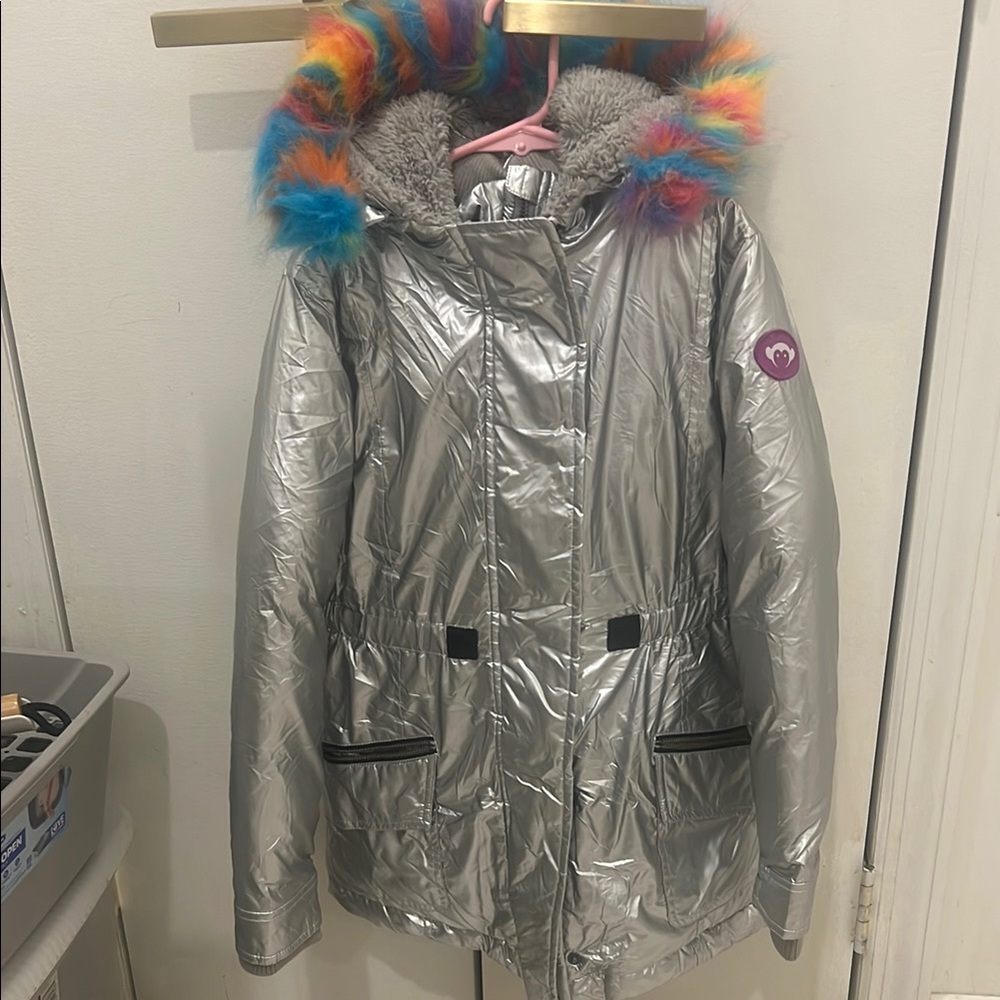 Super warm like new. Silver Metallic Coat with Rainbow Fur Trim. Fully lined.